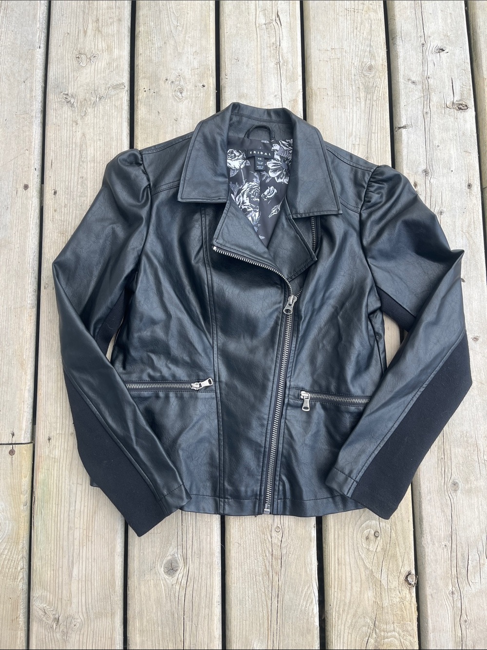 Tribal Black Faux Leather Asymmetrical Zip Motorcycle Jacket Moto Vegan Size Sm